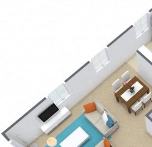 Three dimensional image of two bedroom floor plan